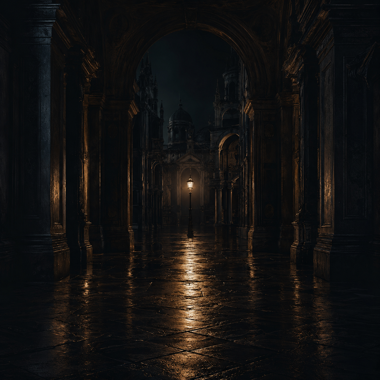 Rain-dark passage beneath antique architecture