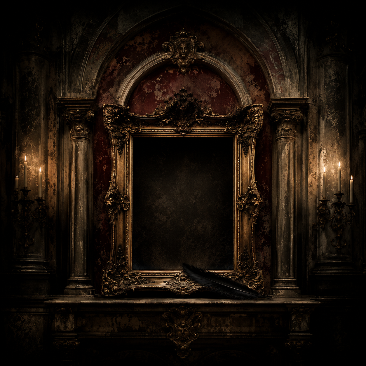 An empty antique frame opening into the Archive