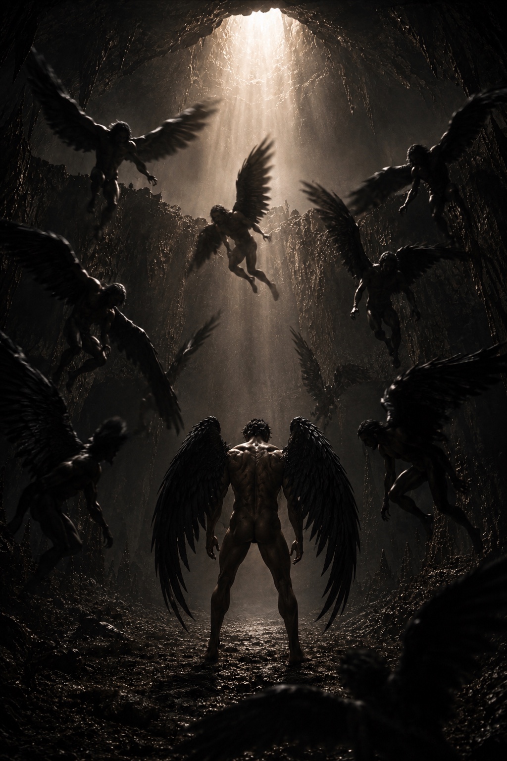 Winged beings descend around the fallen figure in the cavern
